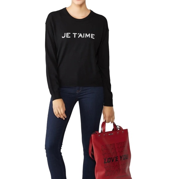 Zadig & Voltaire Black “Je T’aime” Merino Wool Crewneck Sweater Size Medium EUC! - Picture 5 of 11